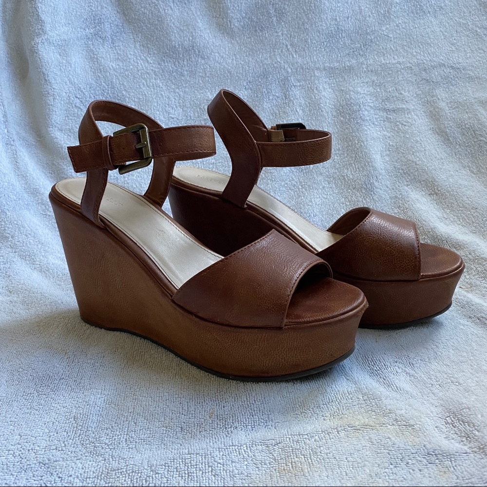 Brown Ankle Strap Platform Wedges